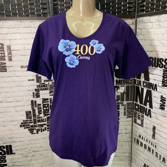 Curves Purple Floral Crew Neck Short Sleeve Top - Picture 1 of 6